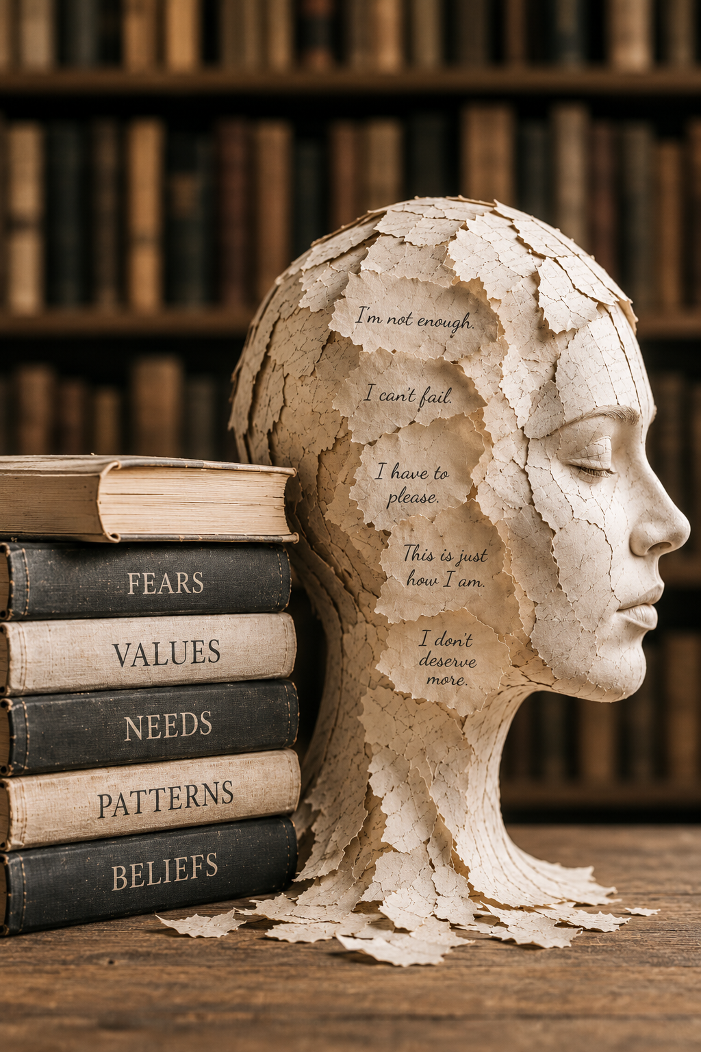 Paper sculpture of a profile beside five books: fears, values, needs, patterns and beliefs