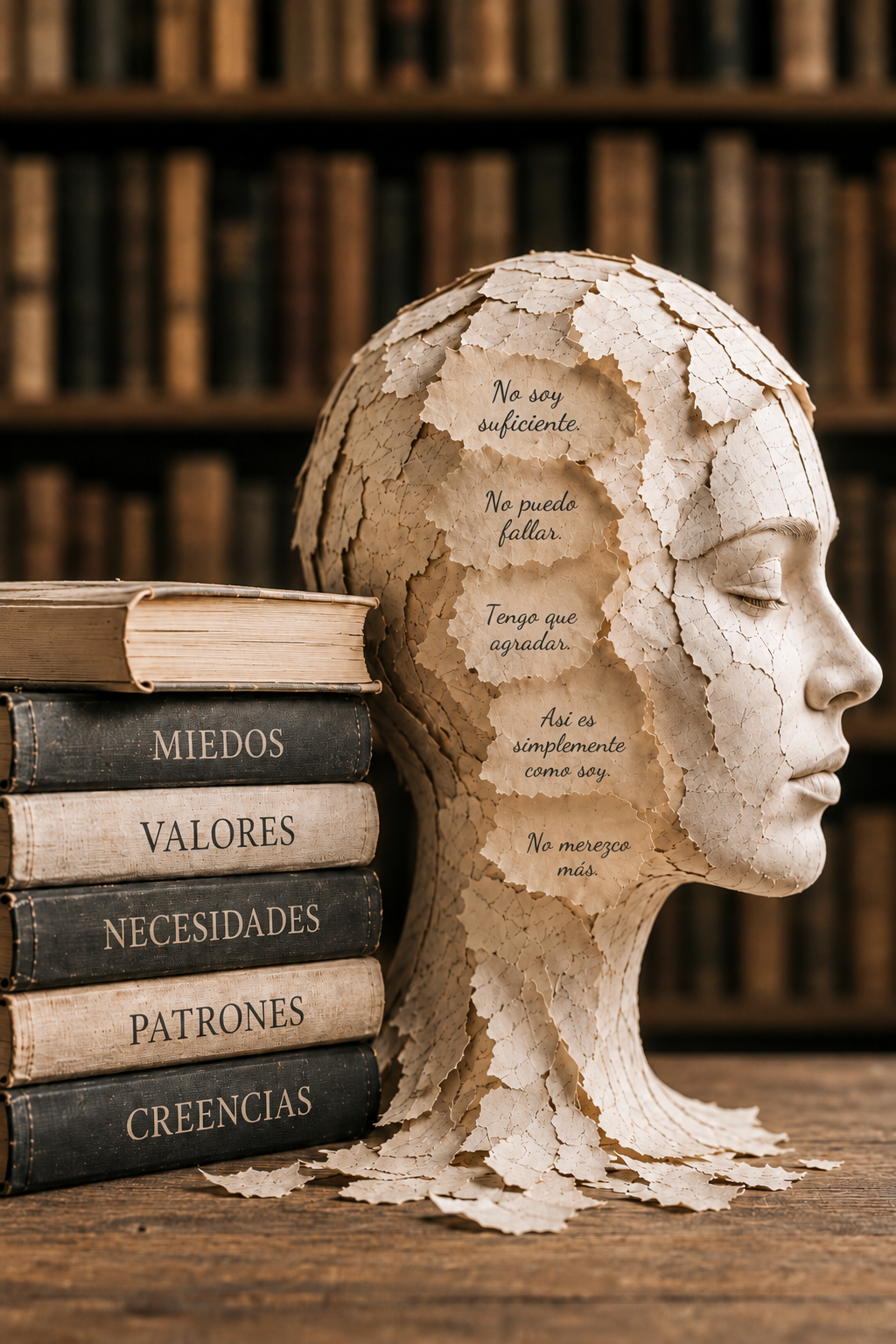 Escultura de papel de un perfil junto a cinco libros: miedos, valores, necesidades, patrones y creencias