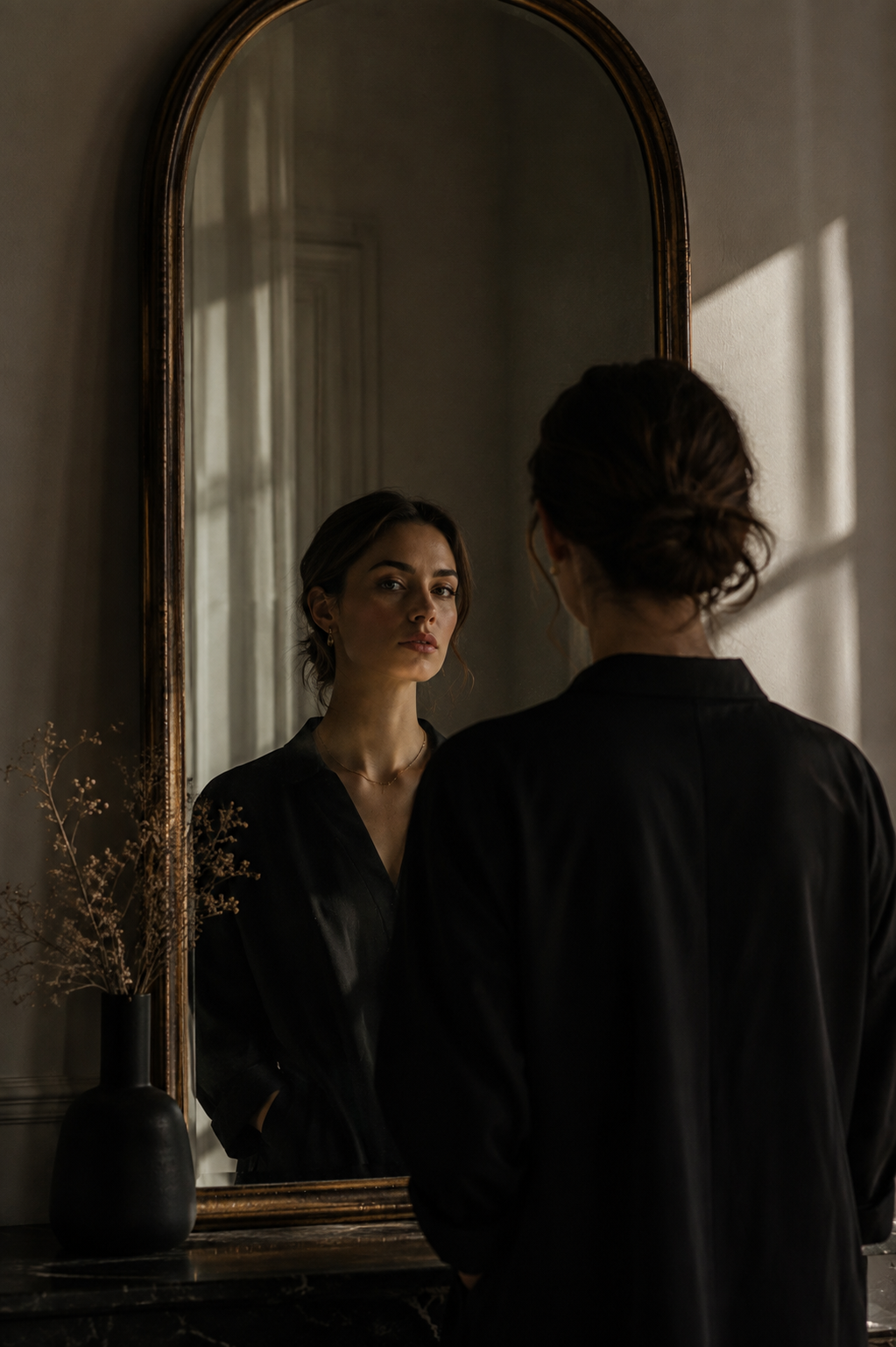 Woman seen from behind, looking into an arched mirror in side light